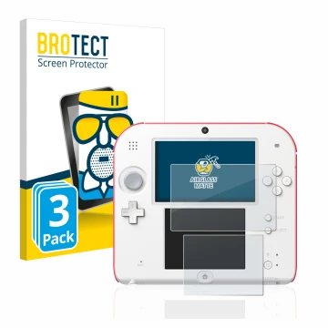 Parte frontal de un envase de producto con el logotipo de la marca BROTECT. Al lado se muestra el dispositivo Nintendo 2DS con