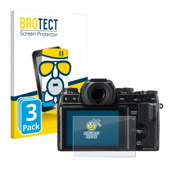 Parte frontal de un envase de producto con el logotipo de la marca BROTECT. Al lado se muestra el dispositivo Fujifilm X-T1 co