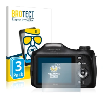 Parte frontal de un envase de producto con el logotipo de la marca BROTECT. Al lado se muestra el dispositivo Sony Cyber-Shot 