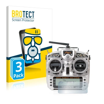 Parte frontal de un envase de producto con el logotipo de la marca BROTECT. Al lado se muestra el dispositivo FrSky Taranis X9