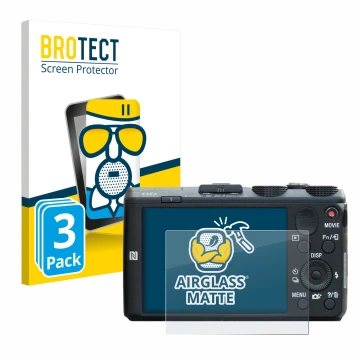 Parte frontal de un envase de producto con el logotipo de la marca BROTECT. Al lado se muestra el dispositivo Sony Cyber-Shot 