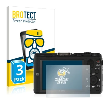 Parte frontal de un envase de producto con el logotipo de la marca BROTECT. Al lado se muestra el dispositivo Sony Cyber-Shot 