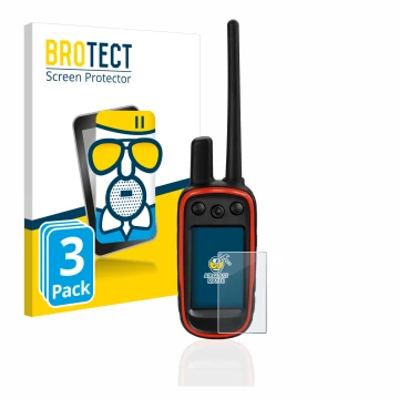 Parte frontal de un envase de producto con el logotipo de la marca BROTECT. Al lado se muestra el dispositivo Garmin Alpha 100