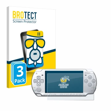 Parte frontal de un envase de producto con el logotipo de la marca BROTECT. Al lado se muestra el dispositivo Sony PSP 2004 co