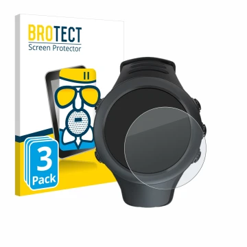 Parte frontal de un envase de producto con el logotipo de la marca BROTECT. Al lado se muestra el dispositivo Suunto Ambit3 Sp