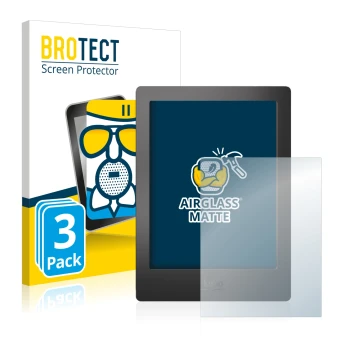 Parte frontal de un envase de producto con el logotipo de la marca BROTECT. Al lado se muestra el dispositivo Kobo Aura H2O co