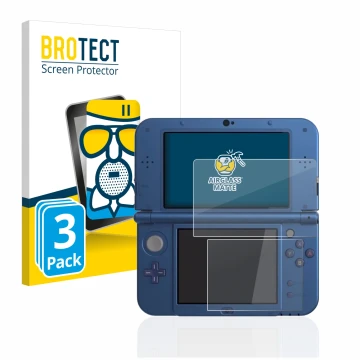 Parte frontal de un envase de producto con el logotipo de la marca BROTECT. Al lado se muestra el dispositivo Nintendo New 3DS