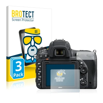 Parte frontal de un envase de producto con el logotipo de la marca BROTECT. Al lado se muestra el dispositivo Nikon D750 con s