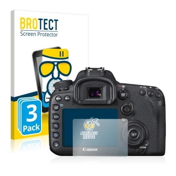 Parte frontal de un envase de producto con el logotipo de la marca BROTECT. Al lado se muestra el dispositivo Canon EOS 7D Mar