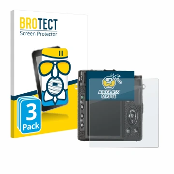 Parte frontal de un envase de producto con el logotipo de la marca BROTECT. Al lado se muestra el dispositivo Fujifilm X10 con