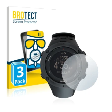 Parte frontal de un envase de producto con el logotipo de la marca BROTECT. Al lado se muestra el dispositivo Suunto Ambit3 Pe