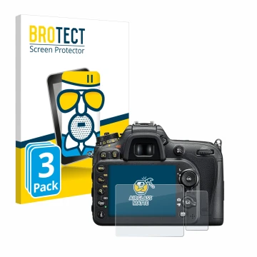 Parte frontal de un envase de producto con el logotipo de la marca BROTECT. Al lado se muestra el dispositivo Nikon D7200 con 