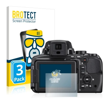 Parte frontal de un envase de producto con el logotipo de la marca BROTECT. Al lado se muestra el dispositivo Nikon Coolpix P9