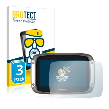 Parte frontal de un envase de producto con el logotipo de la marca BROTECT. Al lado se muestra el dispositivo TomTom Rider 400
