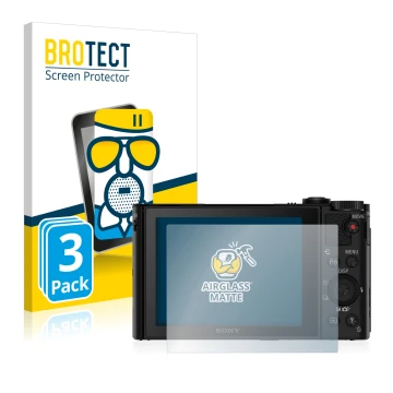 Parte frontal de un envase de producto con el logotipo de la marca BROTECT. Al lado se muestra el dispositivo Sony Cyber-Shot 