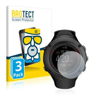 Parte frontal de un envase de producto con el logotipo de la marca BROTECT. Al lado se muestra el dispositivo Suunto Ambit3 Ru