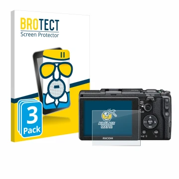 Parte frontal de un envase de producto con el logotipo de la marca BROTECT. Al lado se muestra el dispositivo Ricoh GR II 2015