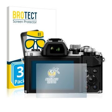 Parte frontal de un envase de producto con el logotipo de la marca BROTECT. Al lado se muestra el dispositivo Olympus OM-D E-M