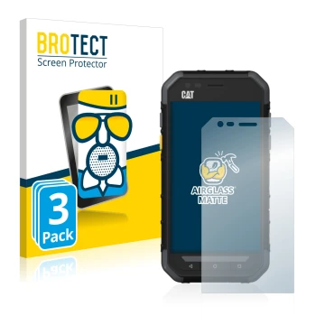 Parte frontal de un envase de producto con el logotipo de la marca BROTECT. Al lado se muestra el dispositivo Caterpillar Cat 