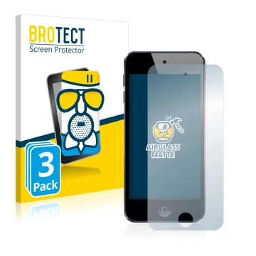 Parte frontal de un envase de producto con el logotipo de la marca BROTECT. Al lado se muestra el dispositivo Apple iPod Touch