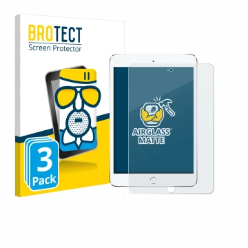 Parte frontal de un envase de producto con el logotipo de la marca BROTECT. Al lado se muestra el dispositivo Apple iPad Mini 