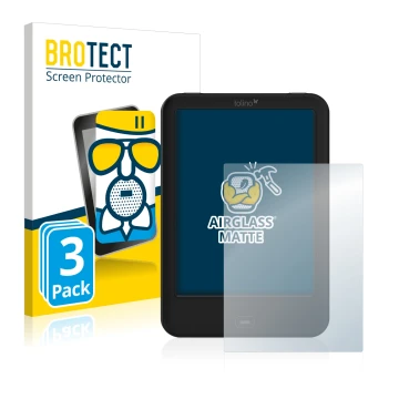 Parte frontal de un envase de producto con el logotipo de la marca BROTECT. Al lado se muestra el dispositivo Tolino Shine 2 H