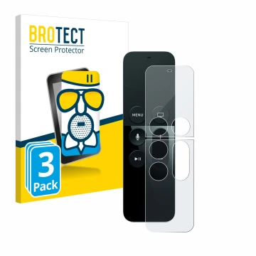 Parte frontal de un envase de producto con el logotipo de la marca BROTECT. Al lado se muestra el dispositivo Apple Remote Con