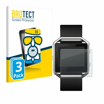 Parte frontal de un envase de producto con el logotipo de la marca BROTECT. Al lado se muestra el dispositivo Fitbit Blaze con
