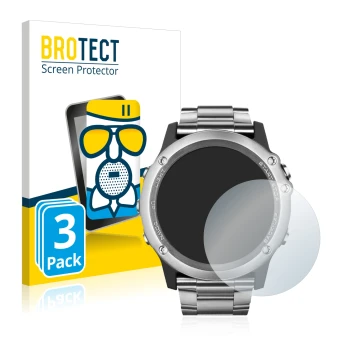 Parte frontal de un envase de producto con el logotipo de la marca BROTECT. Al lado se muestra el dispositivo Garmin Fenix 3 S