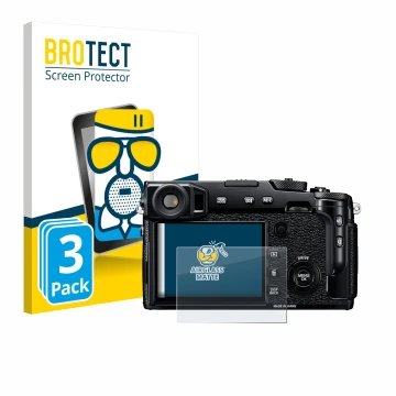 Parte frontal de un envase de producto con el logotipo de la marca BROTECT. Al lado se muestra el dispositivo Fujifilm X-Pro2 