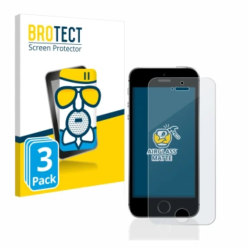 Parte frontal de un envase de producto con el logotipo de la marca BROTECT. Al lado se muestra el dispositivo Apple iPhone SE 