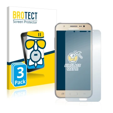 Parte frontal de un envase de producto con el logotipo de la marca BROTECT. Al lado se muestra el dispositivo Samsung Galaxy J