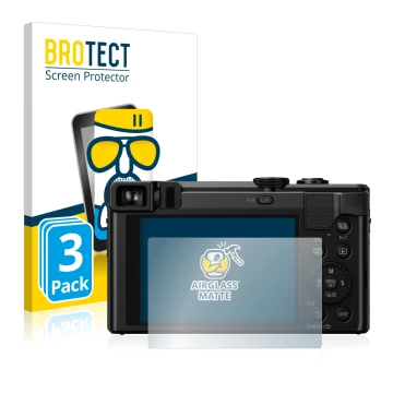 Parte frontal de un envase de producto con el logotipo de la marca BROTECT. Al lado se muestra el dispositivo Panasonic Lumix 