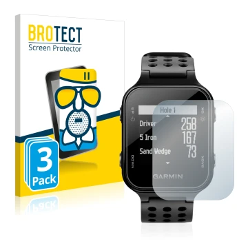 Parte frontal de un envase de producto con el logotipo de la marca BROTECT. Al lado se muestra el dispositivo Garmin Approach 