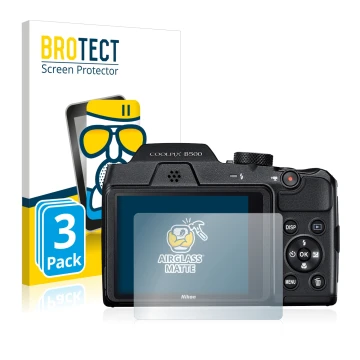 Parte frontal de un envase de producto con el logotipo de la marca BROTECT. Al lado se muestra el dispositivo Nikon Coolpix B5