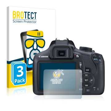 Parte frontal de un envase de producto con el logotipo de la marca BROTECT. Al lado se muestra el dispositivo Canon EOS 1300D 