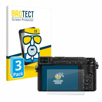 Parte frontal de un envase de producto con el logotipo de la marca BROTECT. Al lado se muestra el dispositivo Panasonic Lumix 