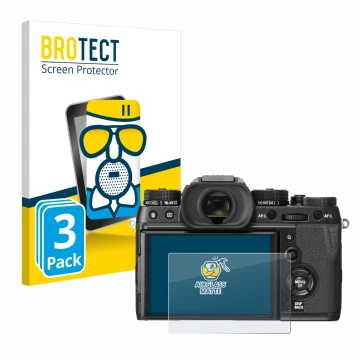 Parte frontal de un envase de producto con el logotipo de la marca BROTECT. Al lado se muestra el dispositivo Fujifilm X-T2 co