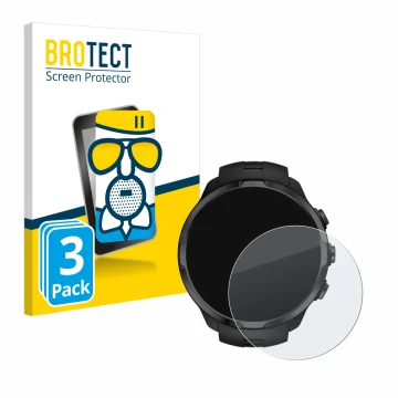 Parte frontal de un envase de producto con el logotipo de la marca BROTECT. Al lado se muestra el dispositivo Suunto Spartan S