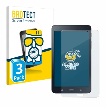 Parte frontal de un envase de producto con el logotipo de la marca BROTECT. Al lado se muestra el dispositivo Samsung Galaxy T