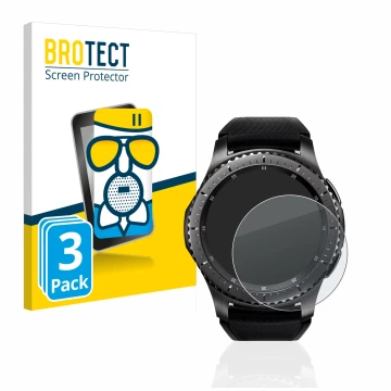 Parte frontal de un envase de producto con el logotipo de la marca BROTECT. Al lado se muestra el dispositivo Samsung Gear S3 