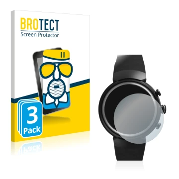 Parte frontal de un envase de producto con el logotipo de la marca BROTECT. Al lado se muestra el dispositivo ASUS ZenWatch 3 
