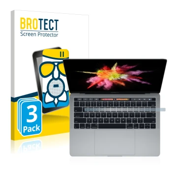 Parte frontal de un envase de producto con el logotipo de la marca BROTECT. Al lado se muestra el dispositivo Apple MacBook Pr