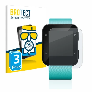 Parte frontal de un envase de producto con el logotipo de la marca BROTECT. Al lado se muestra el dispositivo Garmin Forerunne