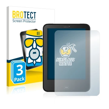 Parte frontal de un envase de producto con el logotipo de la marca BROTECT. Al lado se muestra el dispositivo Tolino Vision 4 