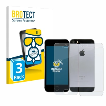Parte frontal de un envase de producto con el logotipo de la marca BROTECT. Al lado se muestra el dispositivo Apple iPhone SE 