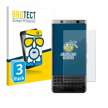Parte frontal de un envase de producto con el logotipo de la marca BROTECT. Al lado se muestra el dispositivo BlackBerry Keyon