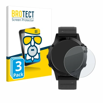 Parte frontal de un envase de producto con el logotipo de la marca BROTECT. Al lado se muestra el dispositivo Garmin Fenix 5 (