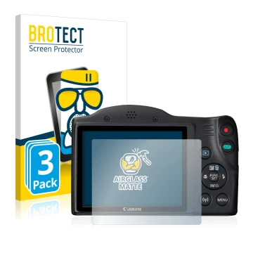 Parte frontal de un envase de producto con el logotipo de la marca BROTECT. Al lado se muestra el dispositivo Canon PowerShot 