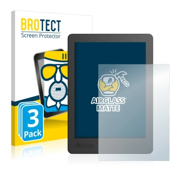 Parte frontal de un envase de producto con el logotipo de la marca BROTECT. Al lado se muestra el dispositivo Kobo Aura Editio